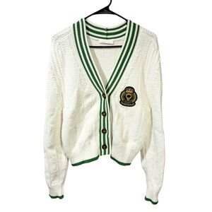 Suzanne Rae Cable Knit Feminist Crest Cardigan White Green‎ Sweater